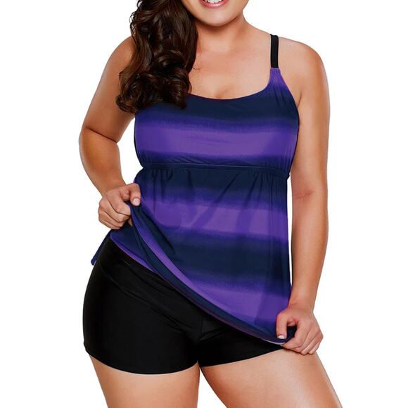 New Strappy Back Tankini Boy Shorts Bathing Swimsuit Purple Black Plus Size 2XL